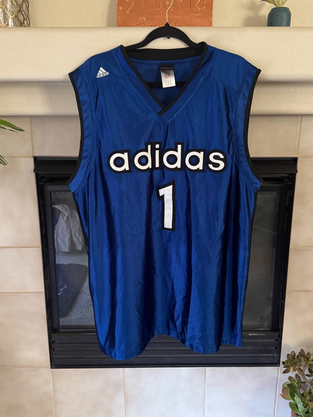 Vintage Adidas Basketball Jersey Mens 2XL Royal Blue Spellout #1 Sleeveless Y2K
